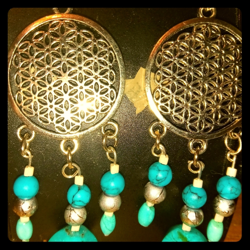 Silver and Turquoise Flower of life Earrings
